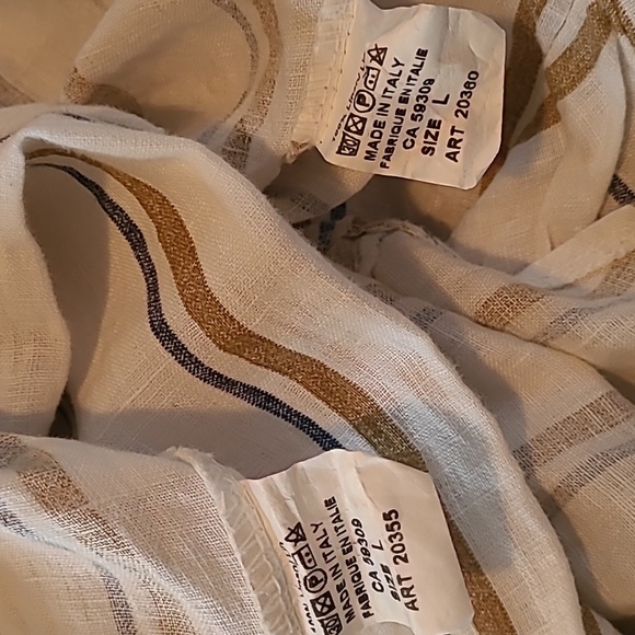 Angela Mara Linen White Tan Blue Striped Pull-on Wide Pants Popover Top Tie Sz L - Picture 12 of 16